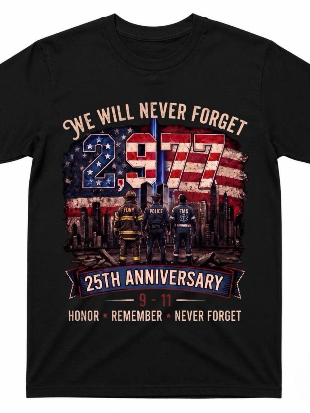 Gildan Black 'We Will Never Forget' 25th Anniversary 9-11 Graphic Tee
